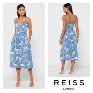 New! REISS Noah Front Split Button-Down Floral Midi Dress in Blue and White